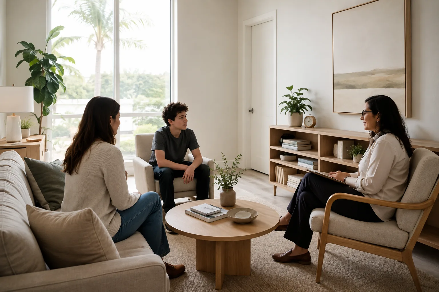 A parent and an adolescent meeting with a clinician in a bright room
