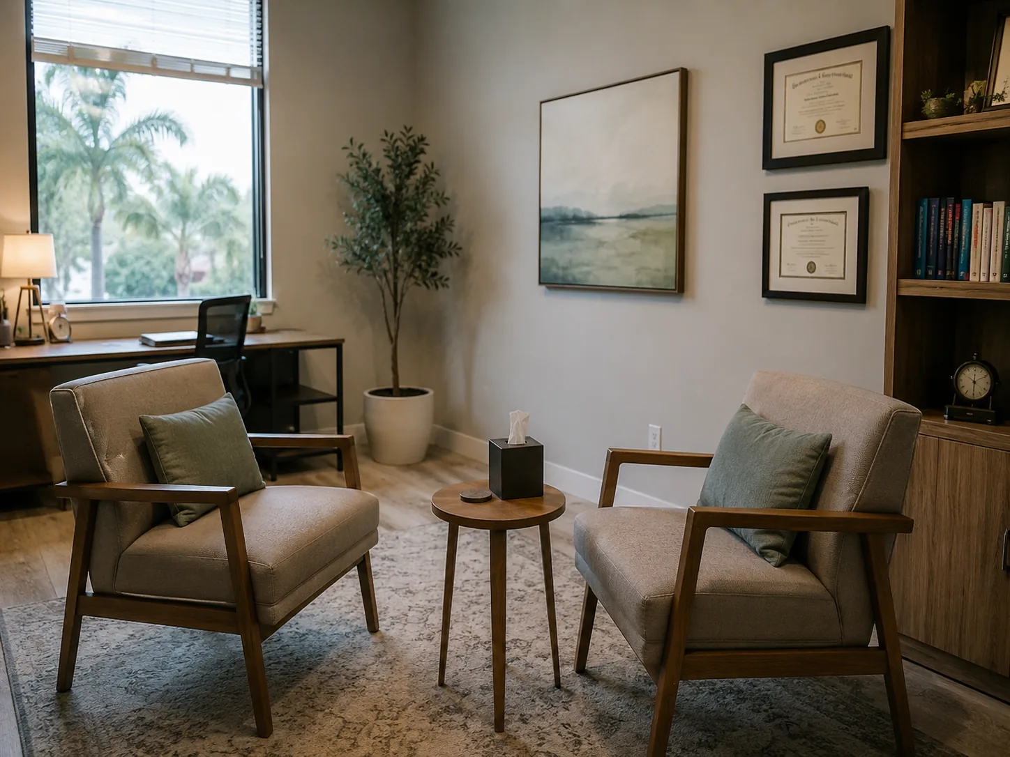 A private consultation room with two armchairs, a desk and framed certificates