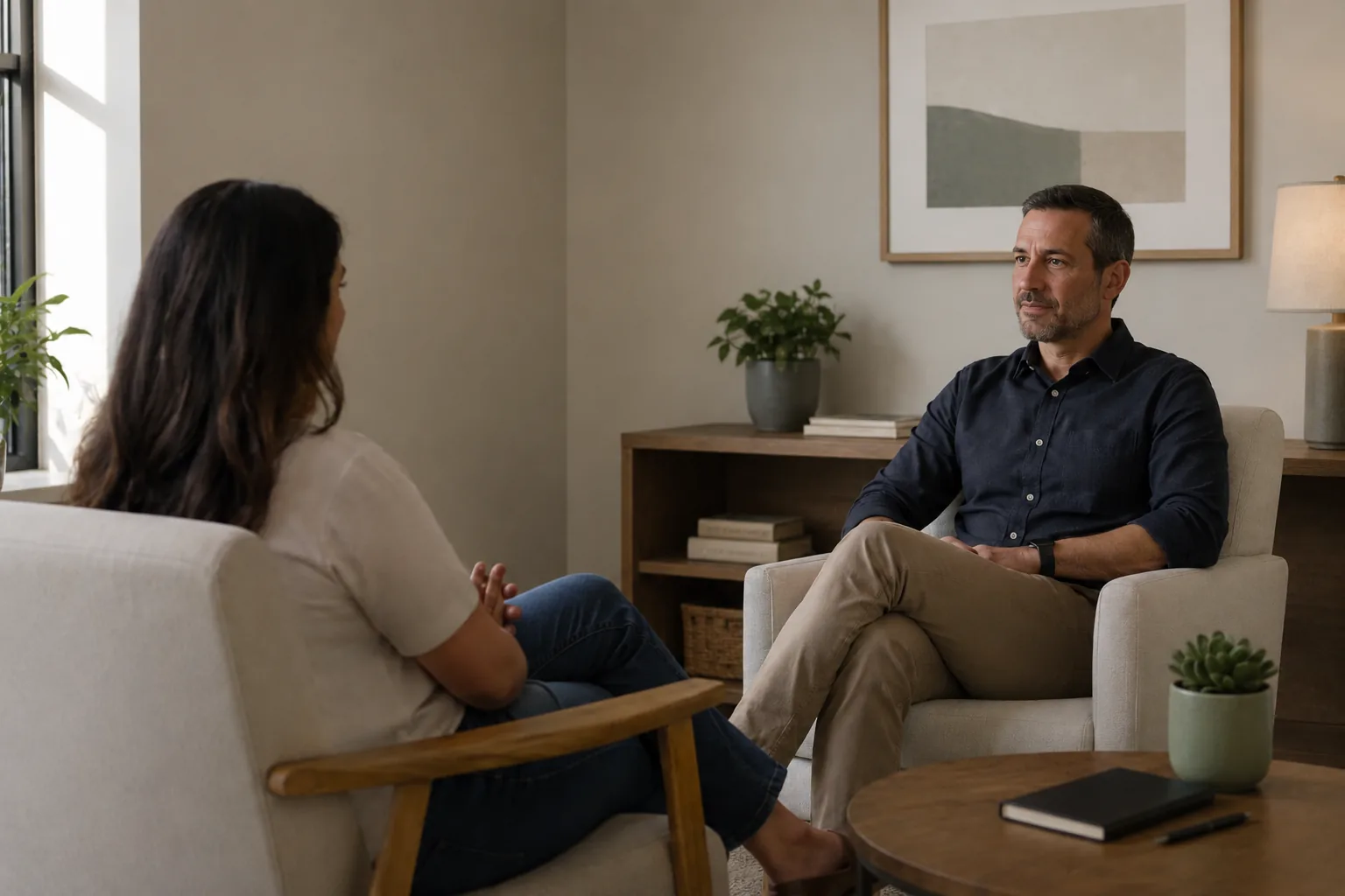 A therapist listening to an adult patient in a counseling room